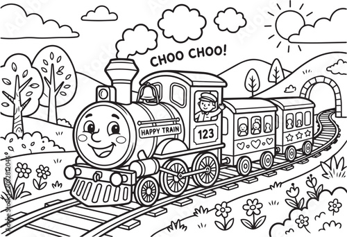 фотографія Happy cartoon train traveling through countryside