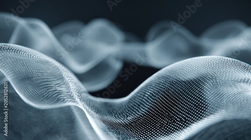 Glowing particulate wave structures undulate across a dark, abstract background.