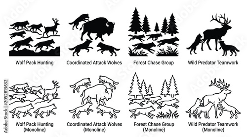 Canvastavla Set of wolf pack hunting, coordinated attack, forest chase group and wild predat
