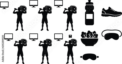 Foto Fitness and Healthy Lifestyle Silhouette Icon Set with Weight Training Nutrition