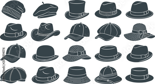 Collection of mens and womens fashion hats collection including fedora cowboy baseball cap beanie top hat straw sun hat and beret vector icons set