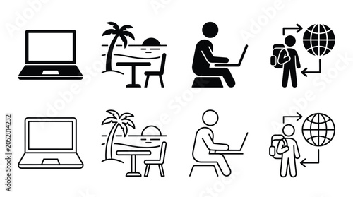 Foto Set of digital nomad icons, including laptop, beach workspace, person working on