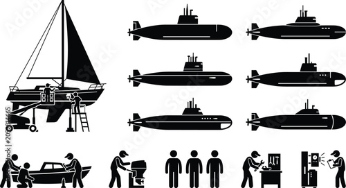 Schilderij op canvas Marine Vessel Maintenance and Submarine Silhouette Collection with Naval Enginee