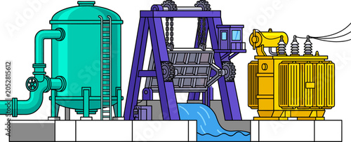 Obraz na płótnie Industrial Hydroelectric Power Plant Infrastructure Vector Set Featuring Water S