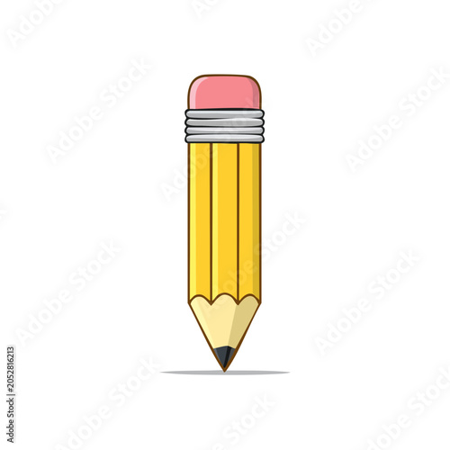 Sharp yellow pencil with pink eraser stands vertically isolated on white background for drawing and writing