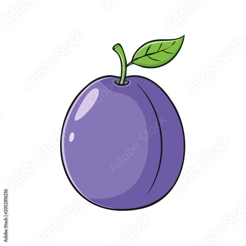 Fresh Ripe Purple Plum with a Vibrant Green Leaf and Stem
