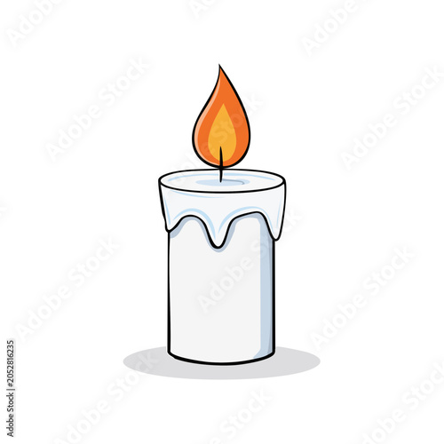 Simple cartoon illustration of a burning white candle with dripping wax and a bright flame.