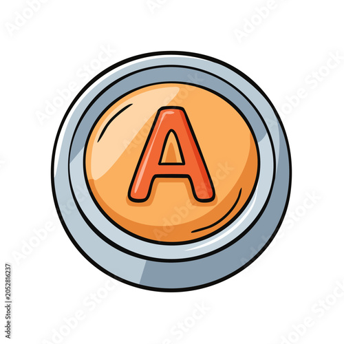 Classic round orange button with letter A and metallic silver border illustration
