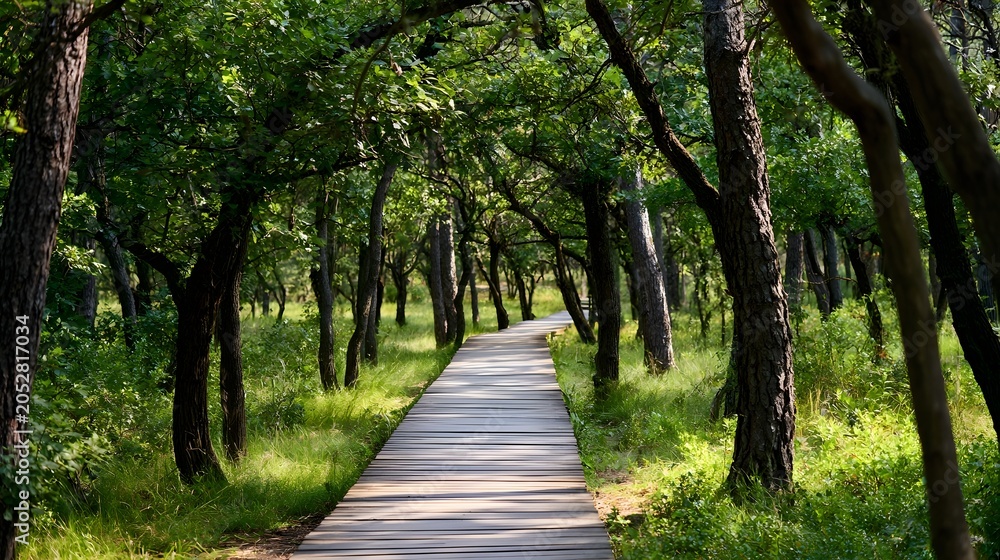 Obraz premium A peaceful sunlit forest walkway winds through dense lush greenery creating a tranquil natural corridor