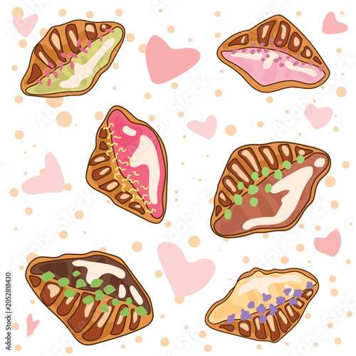 Seamless pattern with hand drawn sweet croissants, colorful icing and cute hearts. Bakery doodle illustration with romantic pastel elements for packaging, textiles and stationery.