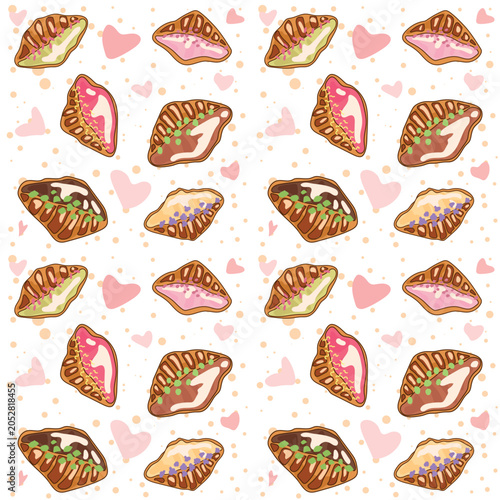 Seamless pattern with hand drawn sweet croissants and cute pastel hearts. Bakery doodle illustration with colorful icing and toppings for packaging, textiles, stationery and wrapping paper.