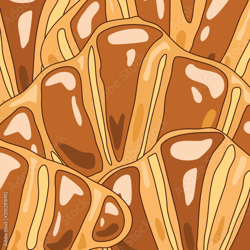 Close up illustration of golden buttery croissants arranged in an overlapping composition. Warm bakery inspired food background featuring flaky pastry details and rich baked textures. 