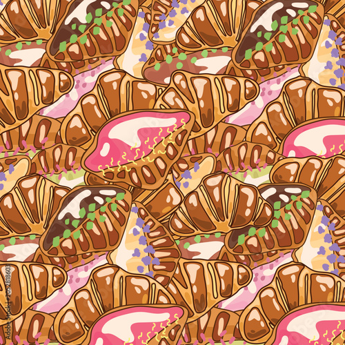 Colorful bakery background featuring assorted croissants with different sweet glazes, toppings and flavored fillings. 