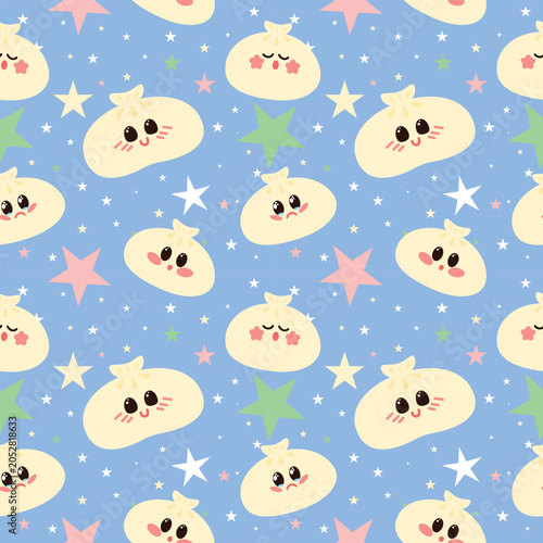Seamless kawaii pattern featuring adorable khinkali dumplings with sweet facial expressions and colorful stars on a pastel blue background. 
