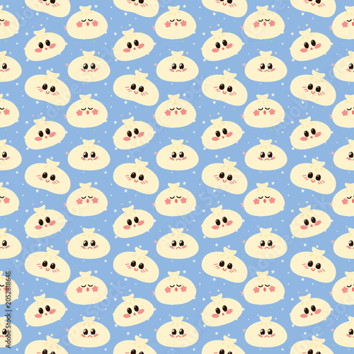 Seamless kawaii pattern featuring adorable khinkali dumplings with various cute facial expressions on a soft blue background filled with colorful stars. 