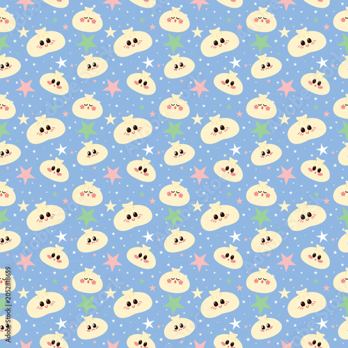Seamless kawaii pattern featuring adorable khinkali dumplings with different cute facial expressions and colorful stars on a pastel blue background.
