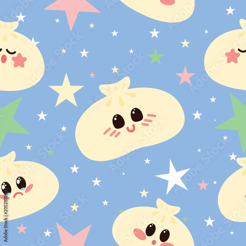 Seamless kawaii pattern featuring adorable khinkali dumplings with cute facial expressions surrounded by large colorful stars on a pastel blue background. 