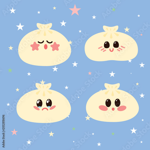 Adorable kawaii khinkali dumpling characters with different facial expressions on a pastel blue background filled with colorful stars. Cute cartoon food illustration inspired by Georgian cuisine. 