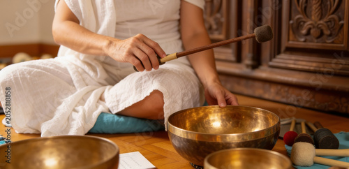 Bild auf Leinwand Stress Relief Sound Bath Meditation with Woman Playing White Quartz Crystal Sing