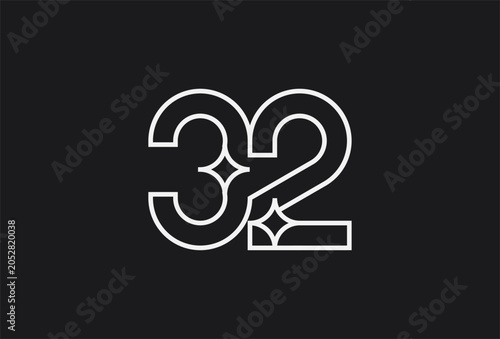 Number 32 Logo, Number 32 with star combination in line style, flat design logo template , vector illustration
