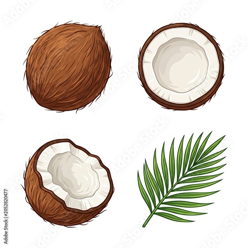 Coconuts and palm leaf illustrations in different views and angles.