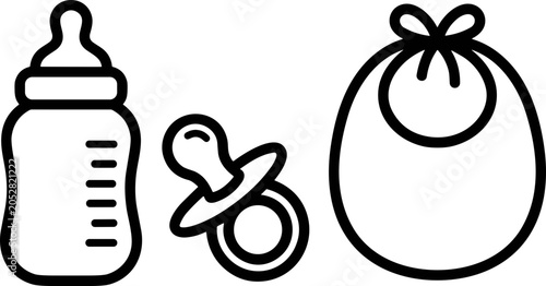Fotografie Baby Feeding Essentials: Bottle, Pacifier, and Bib Icon Set - Vector Illustratio