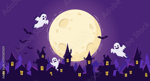 Halloween background with full moon, spooky haunted houses, ghosts, and bats. Spooky Halloween night landscape illustration with big bright moon, flying ghosts. Cute, spooky Halloween vector banner