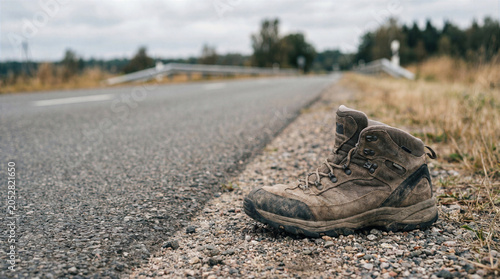 Single Hiking Boot Abandoned on Empty Country Road