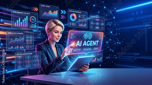 Woman Interacting With Digital Displays Showing Data Analytics And Artificial Intelligence