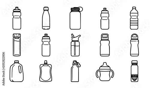 A professional minimal outline icon set showcasing various types of reusable water bottles, plastic sports shaker flasks, metal thermos containers, gym hydration bottles with straws, a large gallon ju