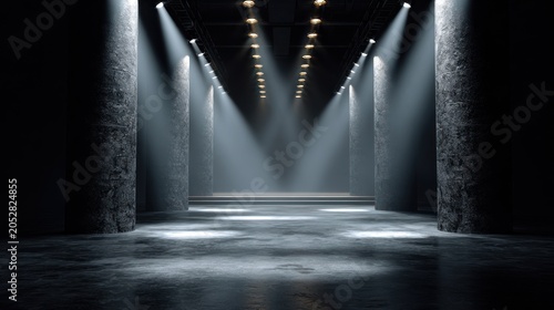 Dramatic interior space illuminated by spotlights and featuring rough textured support structures