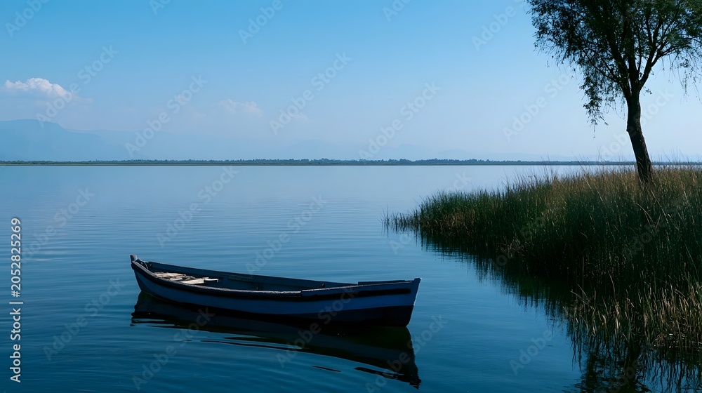 Obraz premium A small boat floats peacefully on calm water surrounded by lush green reeds and natural scenery under bright midday sunlight