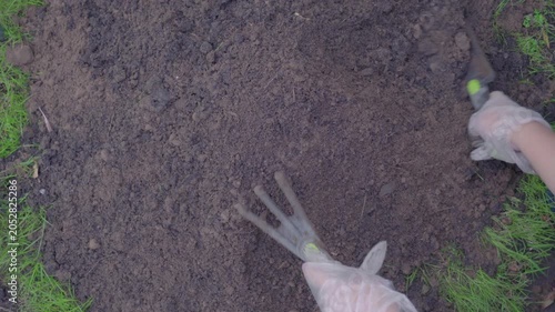Mixing soil with fertilizer using a hand shovel and a hand fork close up, agriculture. The Video was taken from above.