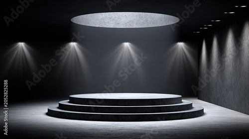 Circular tiered platform illuminated by overhead opening and wall spotlights in a dark, textured room