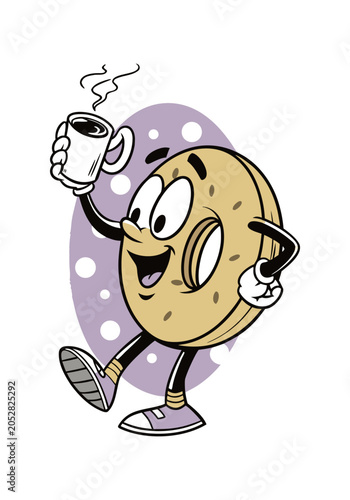 Bilde på lerret A cheerful cartoon donut character holding a steaming cup of coffee aloft in a celebratory gesture