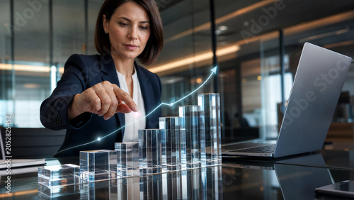 Confident professional businesswoman analyzing a futuristic digital growth chart with an upward trend line in a modern office