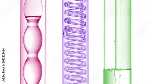 Three upright lab glassware pieces with pink, violet, green liquids filling the bulb condenser, bubbling, flowing through the glass coil condenser and filling the tube flask via dropper on a white bg