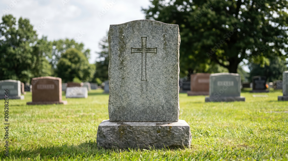 Fototapeta premium Gravestone with Flowers in Peaceful Cemetery Memorial Setting