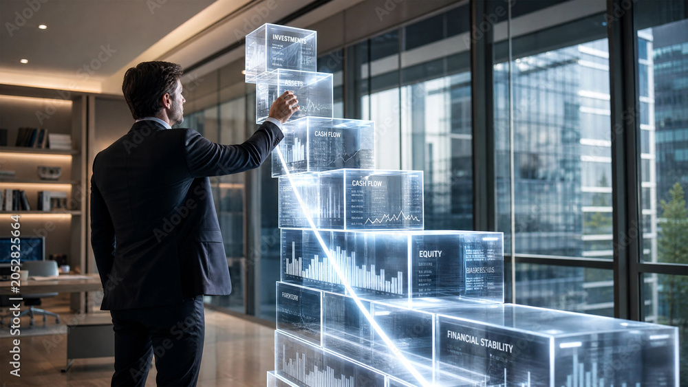 Fototapeta premium Professional businessman building financial stability with innovative holographic data cubes in a sleek modern office
