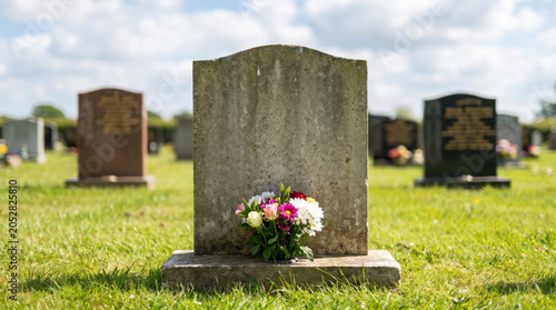 Gravestone with Flowers in Peaceful Cemetery Memorial Setting