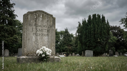 Gravestone with Flowers in Peaceful Cemetery Memorial Setting