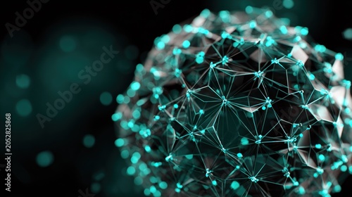 Illuminated geometric structure floats against a dark background with glowing bokeh effects