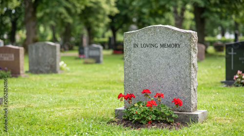 Gravestone with Flowers in Peaceful Cemetery Memorial Setting