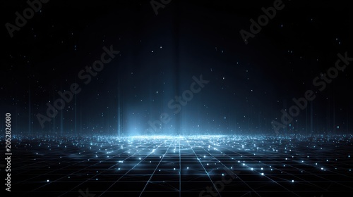 Glowing digital particles rise from a structured surface against a dark background