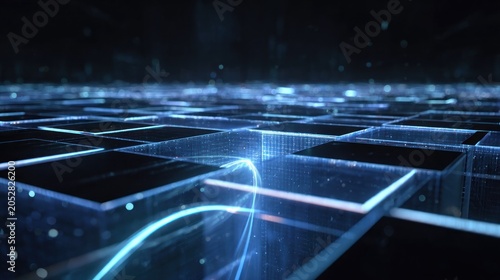 Abstract digital grid extends into the dark background with flowing blue light streams