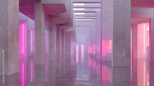 Repetitive architectural columns recede into the distance with vibrant pink illumination reflecting on a wet floor.