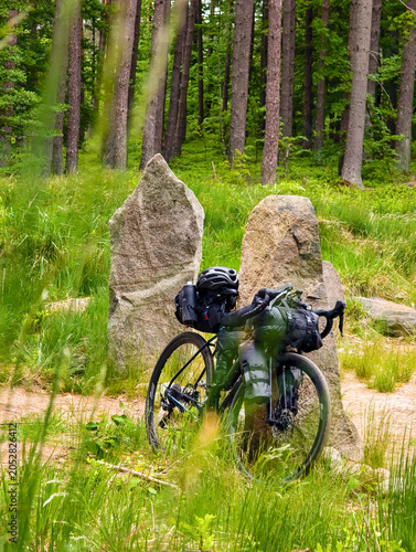 Bicycle packed with bags leaning against a rock