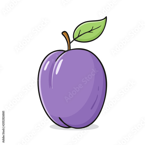 Isolated purple plum with a green leaf and stem on a white background cartoon illustration