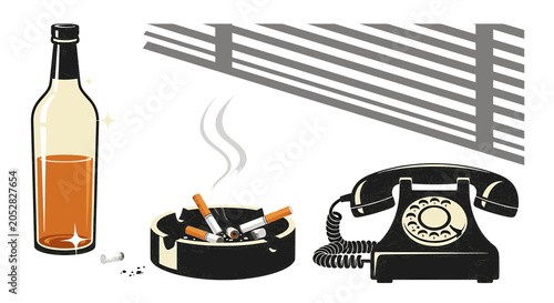Tableau sur toile Vintage Noir Detective Office Elements with Whiskey Phone and Ashtray