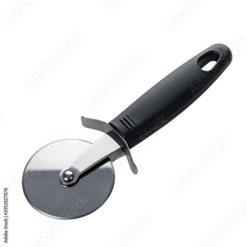Pizza cutter with a sharp stainless steel circular blade and a durable ergonomic black handle rests against a clean white background to demonstrate a professional culinary kitchen utensil tool.